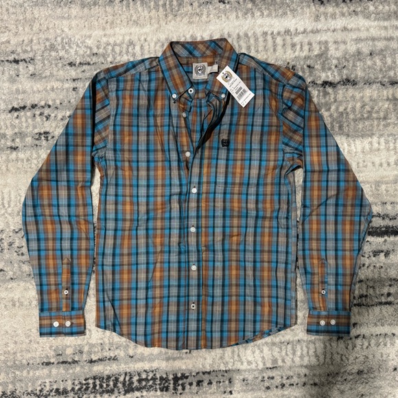 Cinch Boys Blue and Brown Plaid Button Down Shirt - Picture 2 of 4